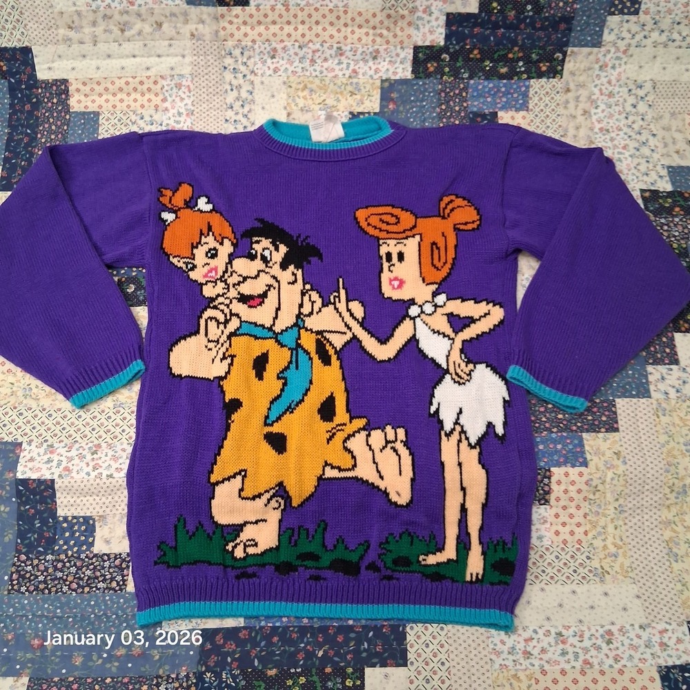 Vintage Flintstones Knit Sweater Teen Size Large 14 Purple Fred Wilma Pebbles